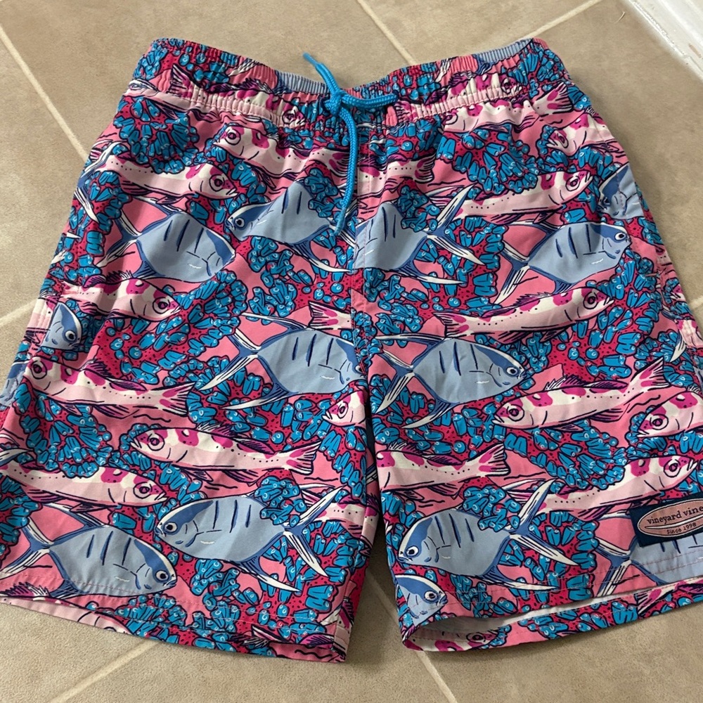 Vineyard Vines Blue and Pink Fish Print Swim Shorts